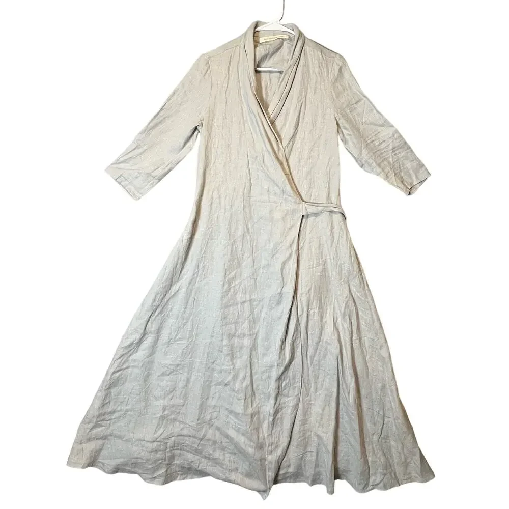 Linen Handmade Studio Linen Marlena Long Sleeve Wrap Dress In Gray Size Large